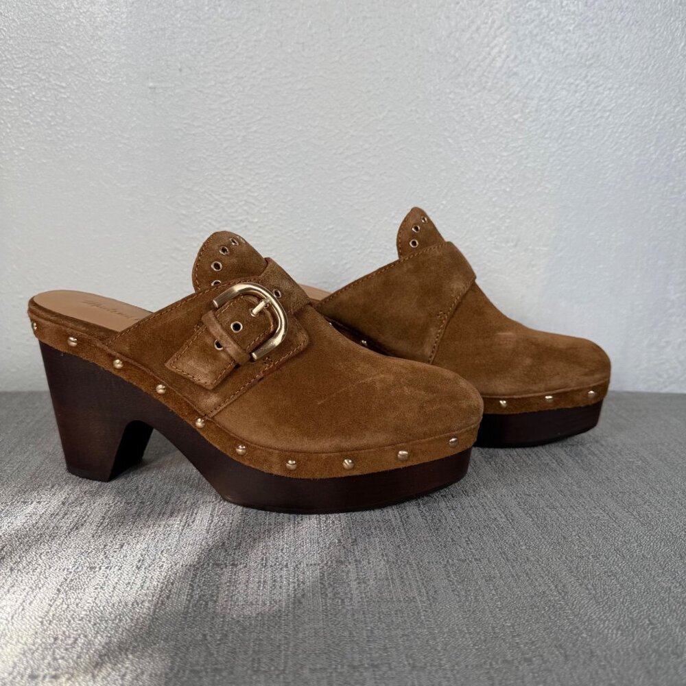 Madewell The Wes Buckle-Strap Clog Brown Suede Gold Studded Heels Platform 7 - Picture 12 of 16